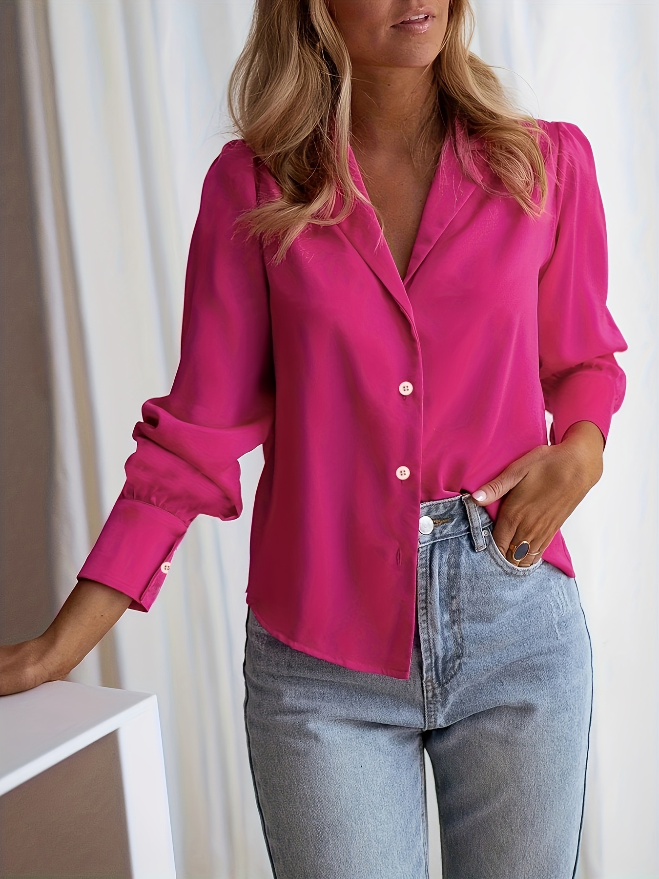Plus Size Blusa Elegante Camicia A Maniche Lunghe In Tinta - Temu