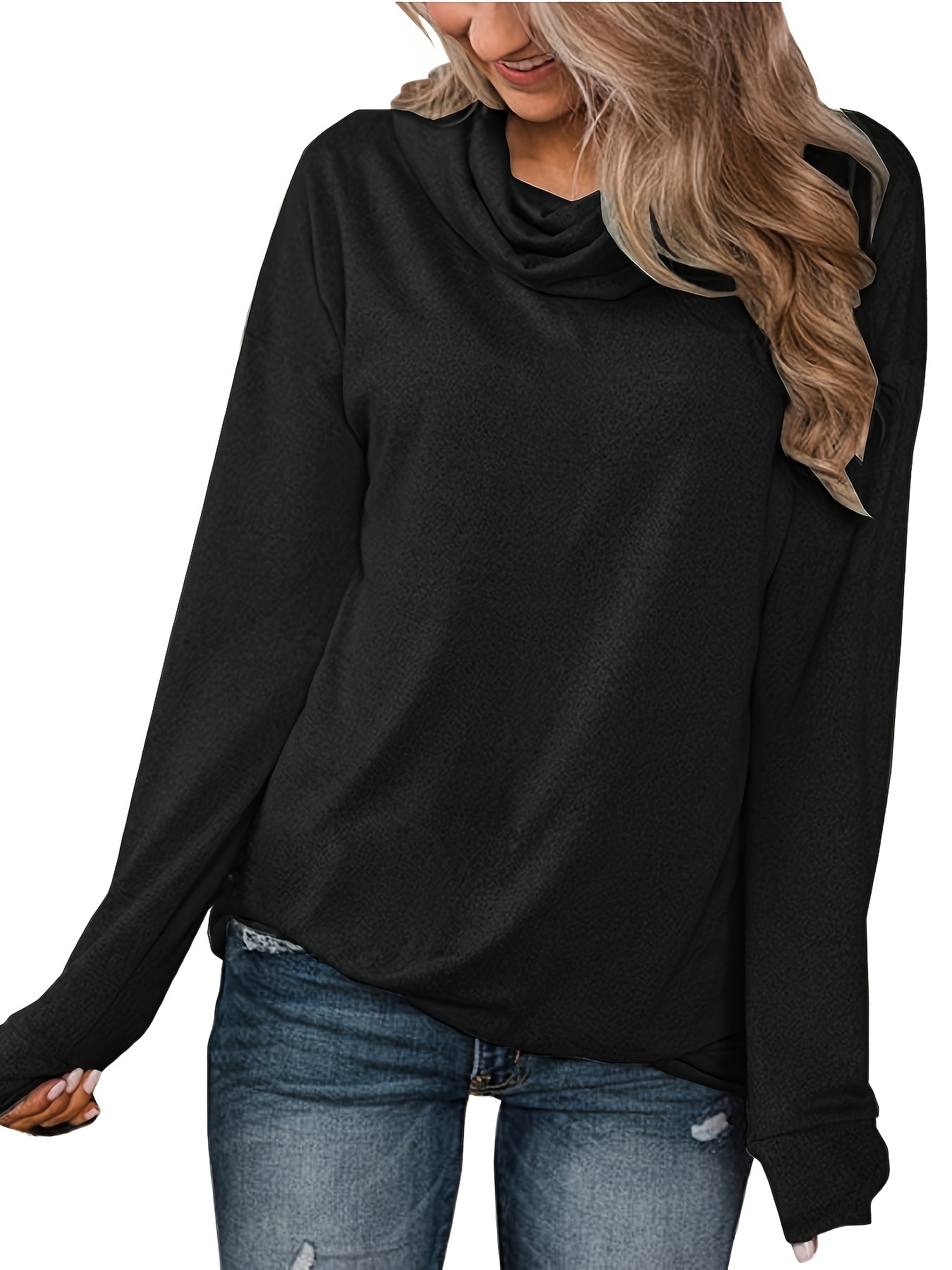 Cozy Women's Cowl Neck Sweatshirt Pockets Soft Stylish Long - Temu