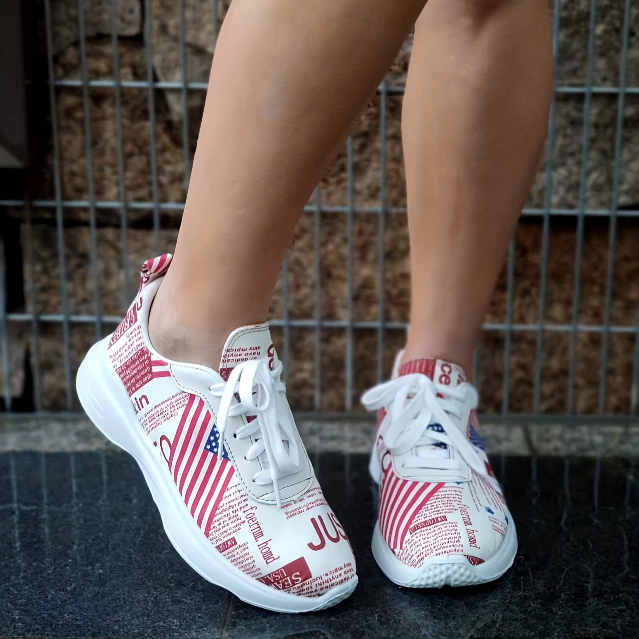 Women's Flag Print Platform Sneakers, Casual Lace Up Outdoor Shoes