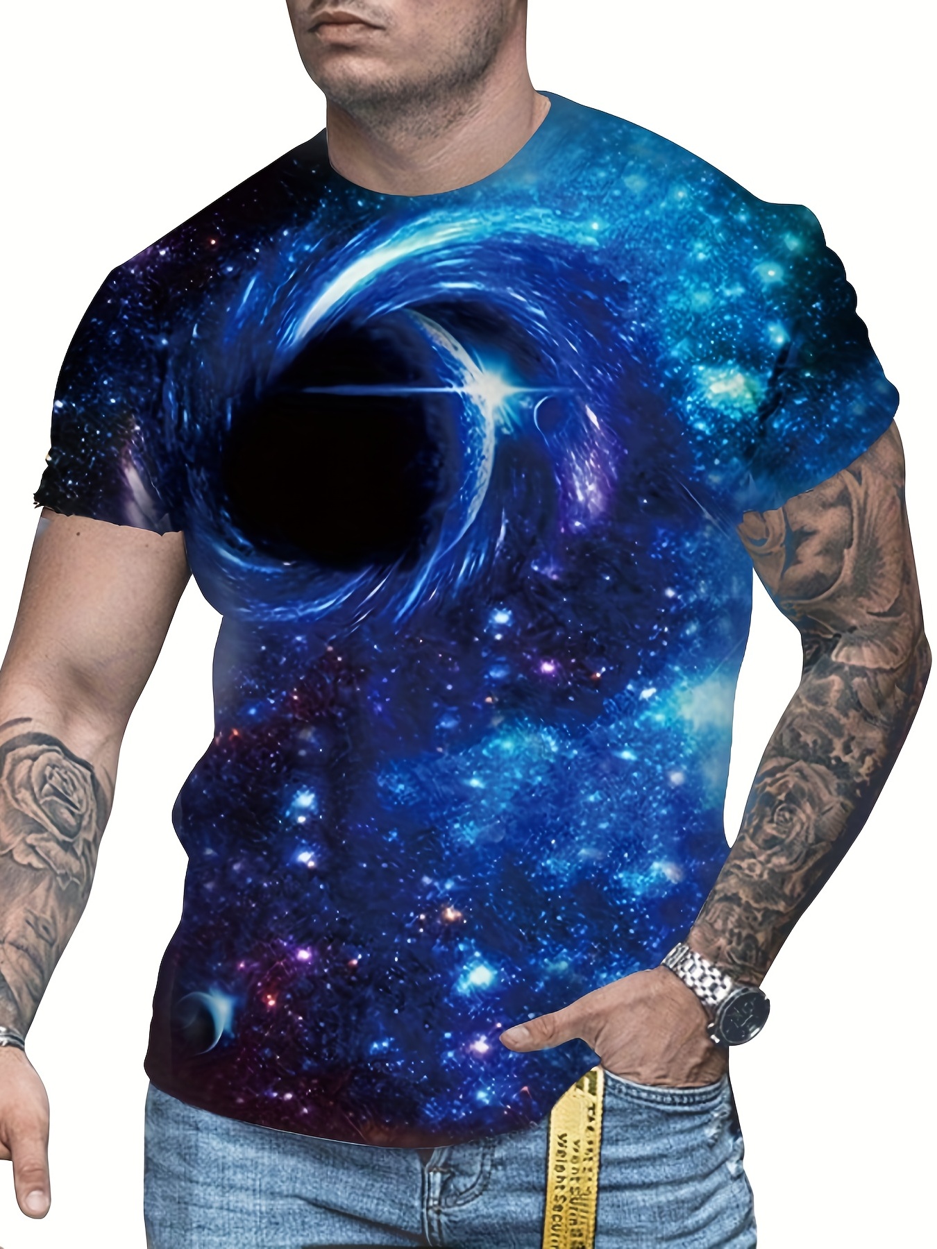 All Over Colorful Print Men's T-shirt For Summer, Casual Stretch