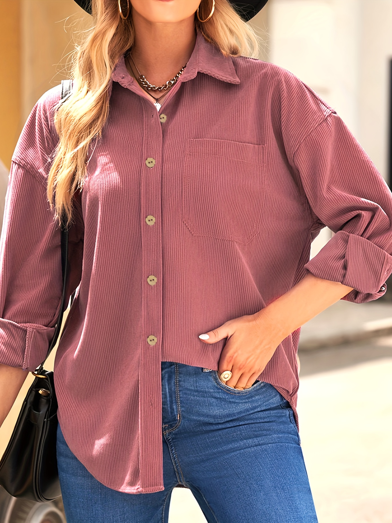 Button Solid Lapel Shirts Casual Roll Sleeve Blouse Women's - Temu