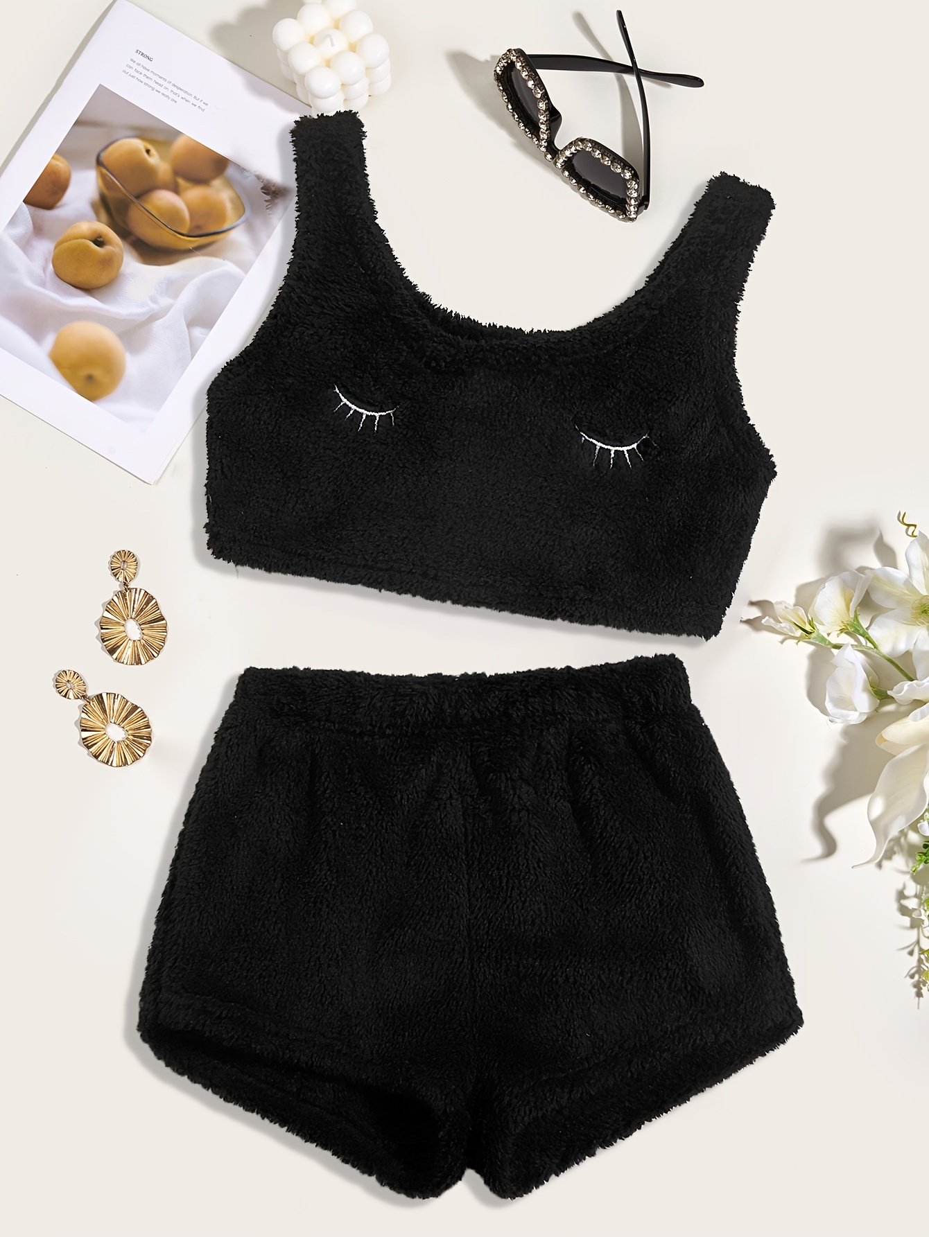 Fluffy Comfortable Pajamas Set Crop Tank Sleeveless Top - Temu Canada