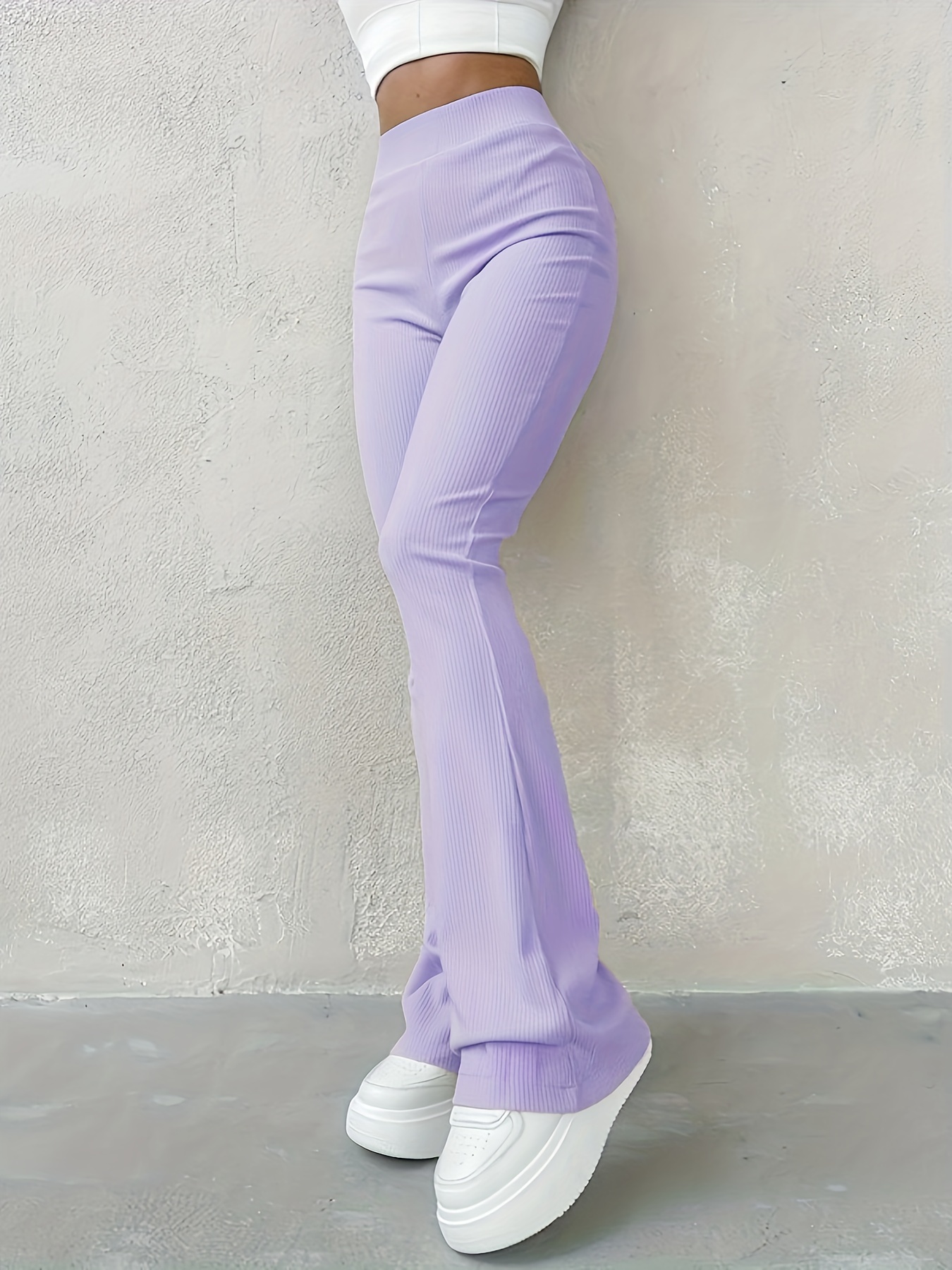 Purple High Waisted Ribbed Flare Pants - S / Purple