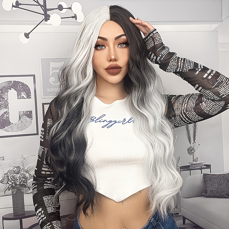 Ombre Half Black Half White Long Body Wave Synthetic Wigs Temu