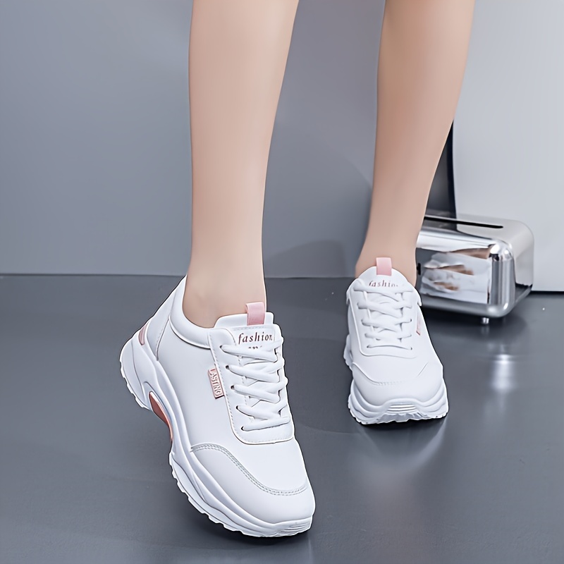 Solid Color Shoes, Women's Fashion White Casual Lace Up Low Top Lightweight,Temu