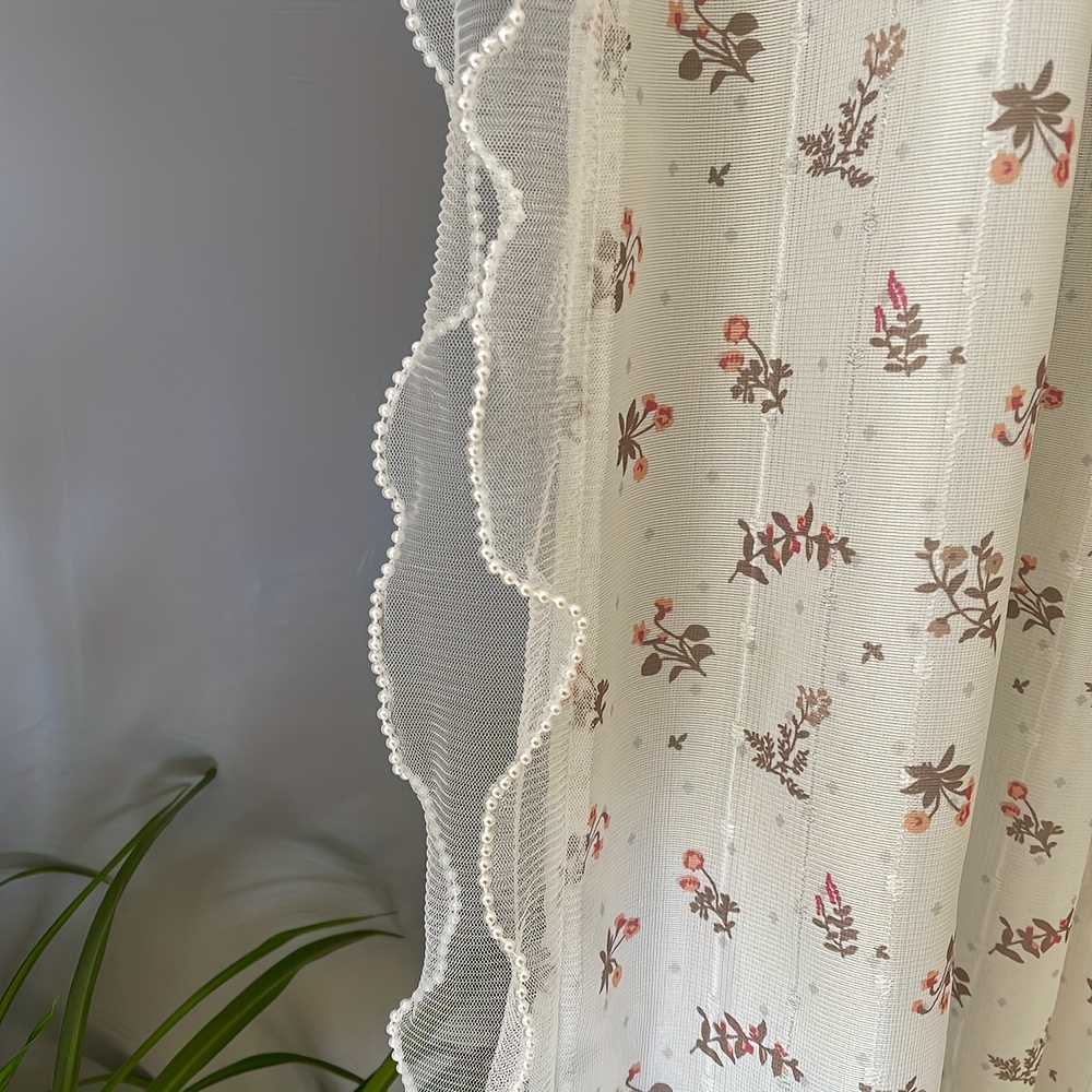 2pcs Vintage Pastoral Flower Semi Blackout Curtains Beaded Ruffle Design  Kitchen Curtains Rod Pocket Top Tiers American Country Window Decoration  For