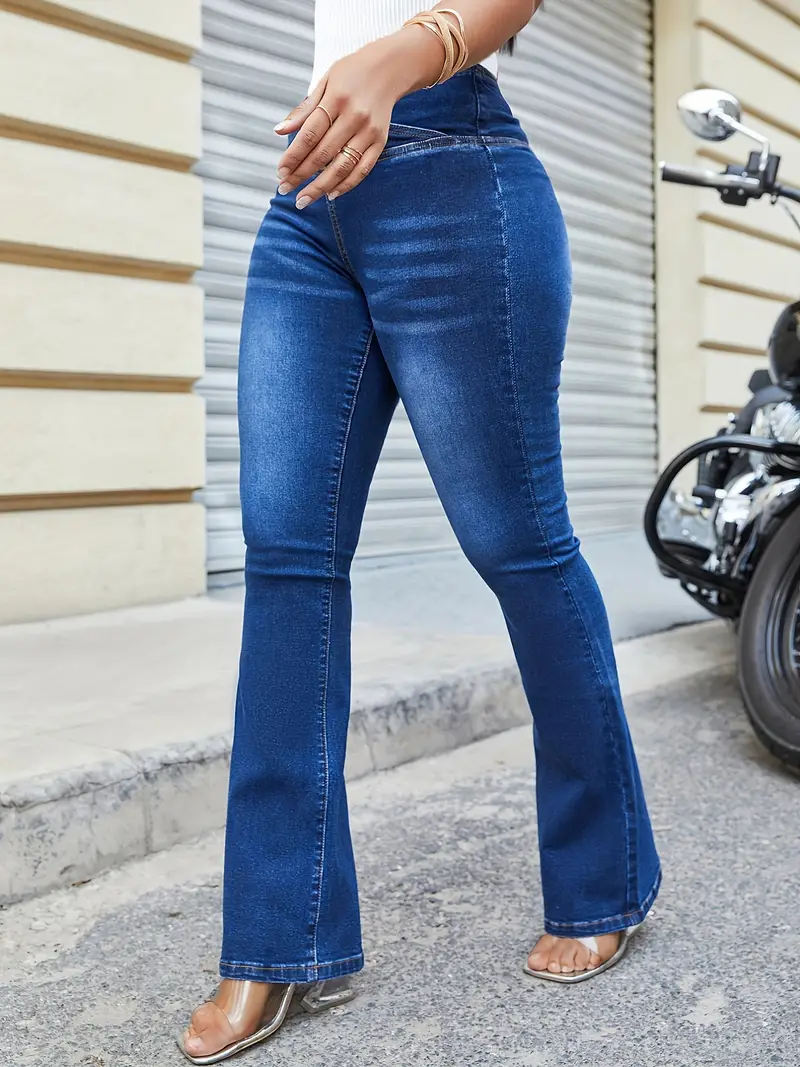 Dark Blue V Cut Flare Jeans Layered Water Ripped Embossed - Temu