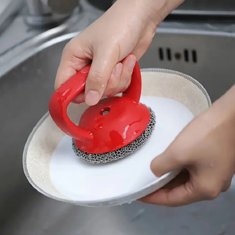 Red Cast Iron Scrubber With 316 Stainless Steel Brush Head And Silicone  Handle - Perfect For Cleaning Cookware, Frying Pans, Bakeware, And Grills -  Temu