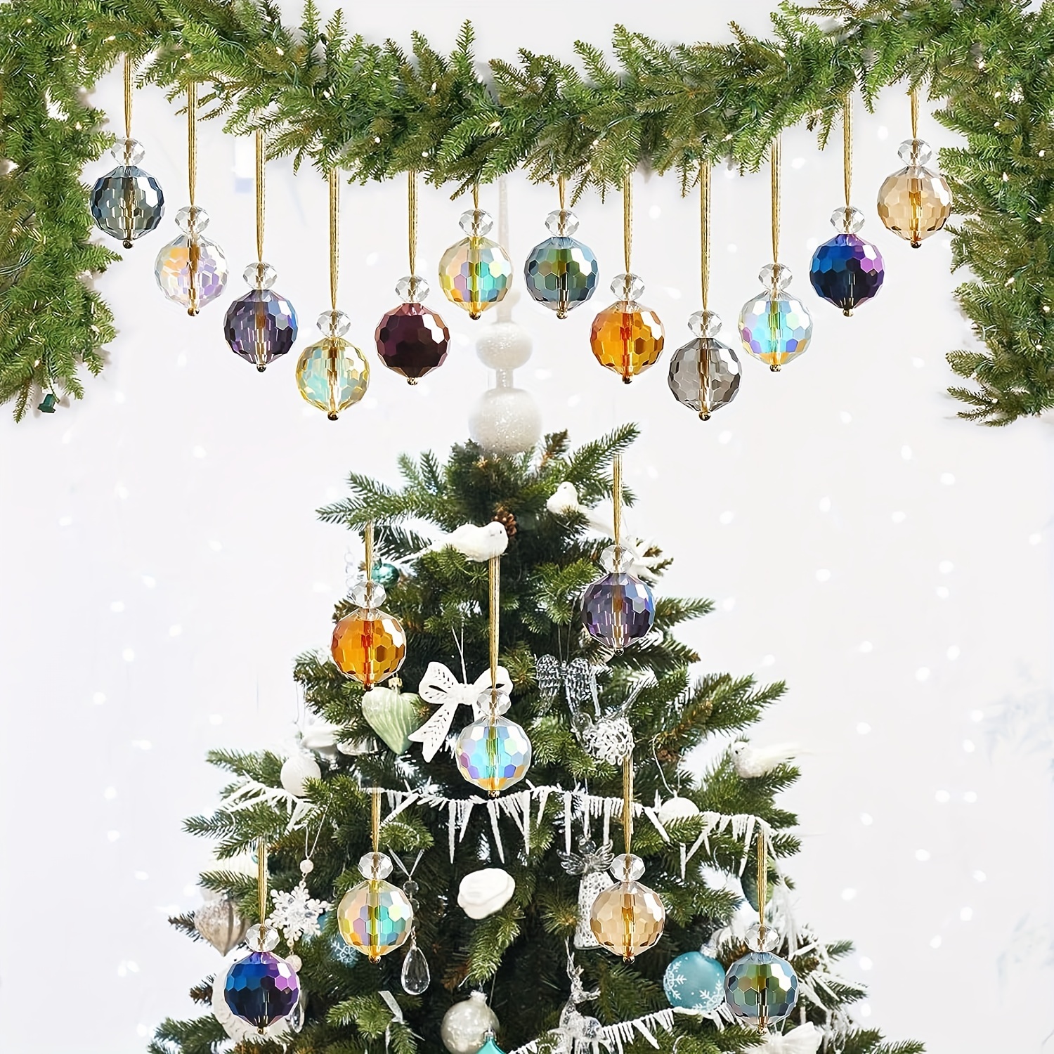 12 mini adornos navideños de bolas de cristal multicolor, mini bolas de  prisma coloridas, adornos de mini árbol de cristal, bolas colgantes de