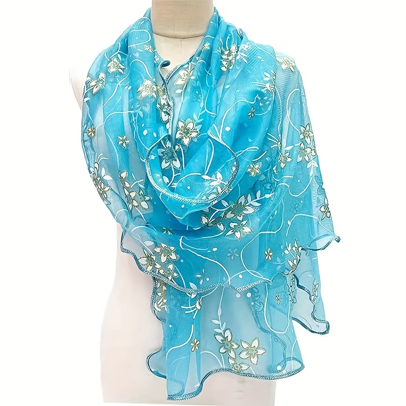 

Flower Embroidery Scarf Elegant Solid Color Breathable Shawl Women Head Wrap Outdoor Windproof Hijab Turban Travel Beach Towel