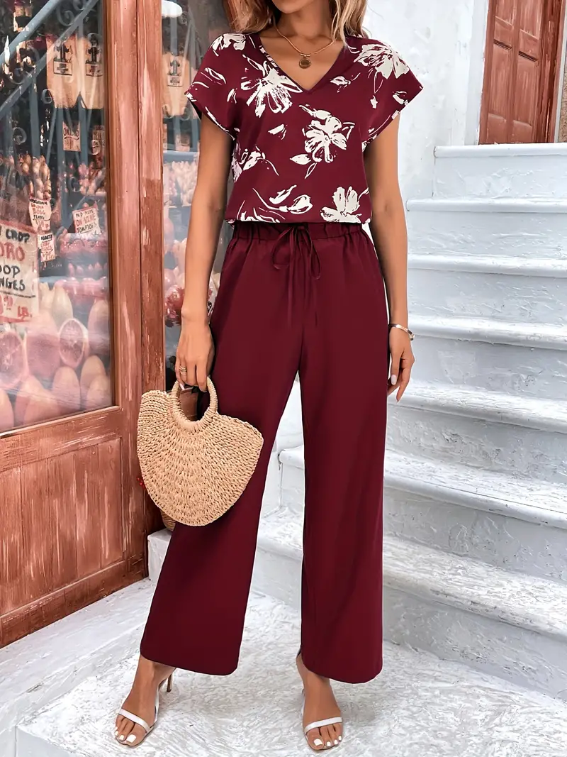 Casual Daily Two-piece Set, Floral Print V Neck Tops & Drawstring Wide Leg  Pants Outfits, Women's Clothing