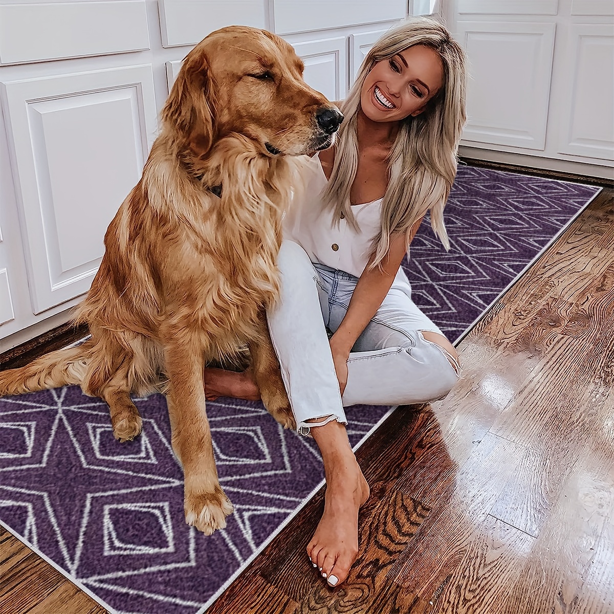 Purple Geometric Pattern Long Bath Rug Runner, Hallway Rug Runner