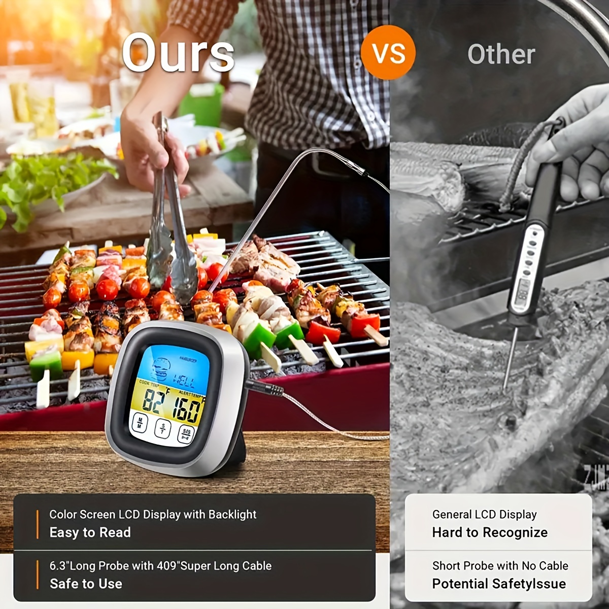 Thermomètre de cuisine, thermomètre numérique numérique avec sonde longue,  thermomètre de cuisson à lecture instantanée