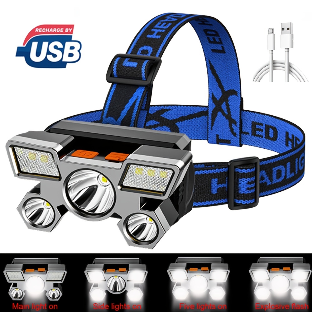 1pc USB Rechargeable Built in Battery 5 LED Strong Headlight Super Bright Head Mounted Flashlight Outdoor Rechargeable Headlamp For Night Fishing