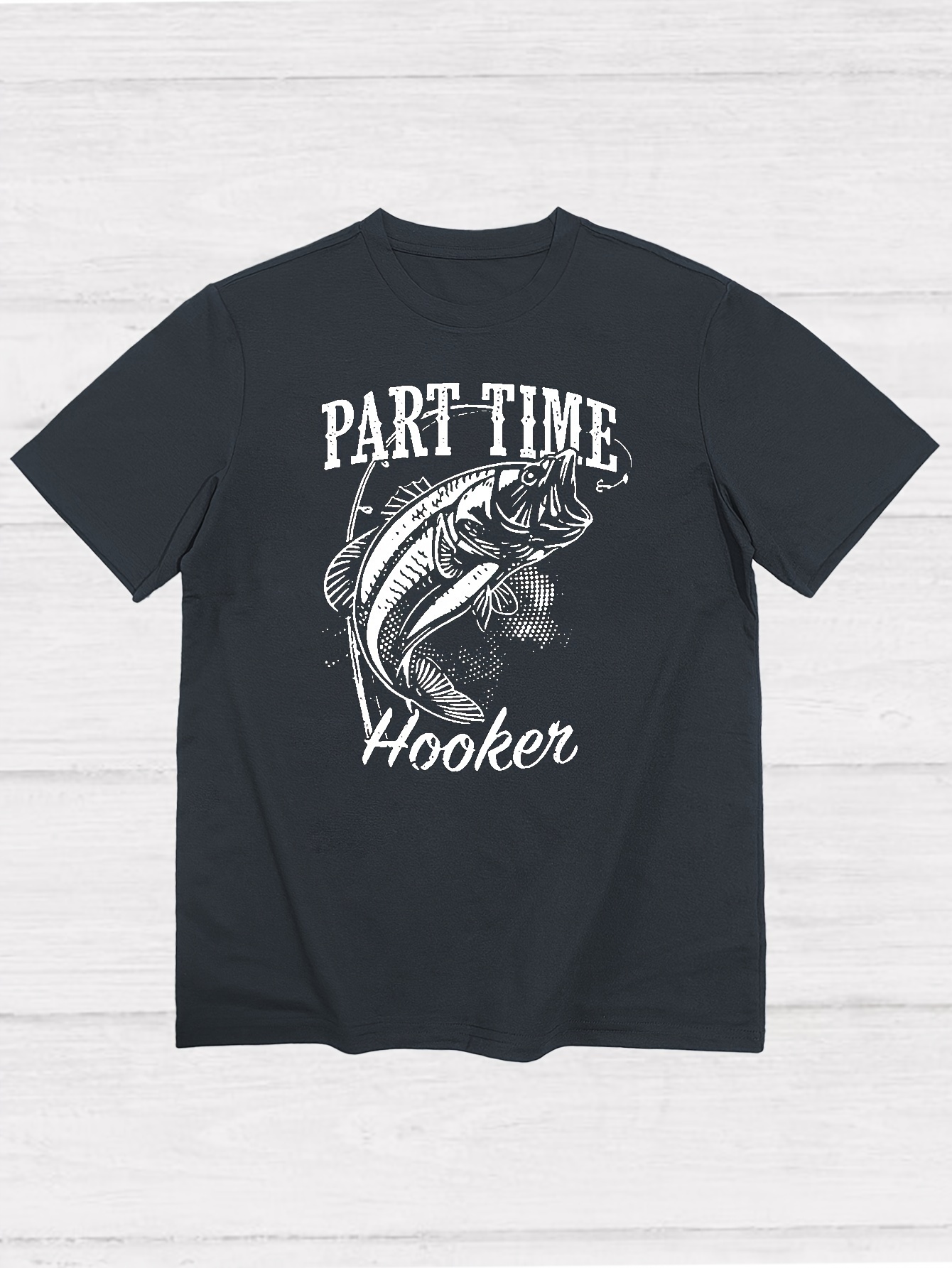 Men's Casual Part Time Hooker Fish Graphic Print Round Neck T-shirt, Summer Oversized Loose Tee Plus Size