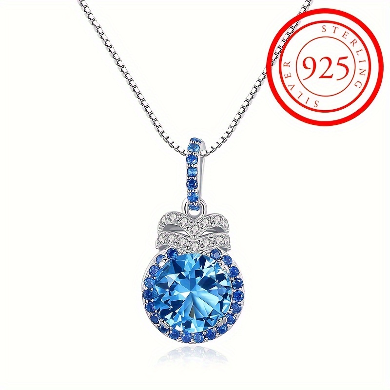 

925 Sterling Silver Luxury Delicate Blue Zircon Pendant Necklace Ladies Vacation Gala Party Jewelry Exquisite Collarbone Chain