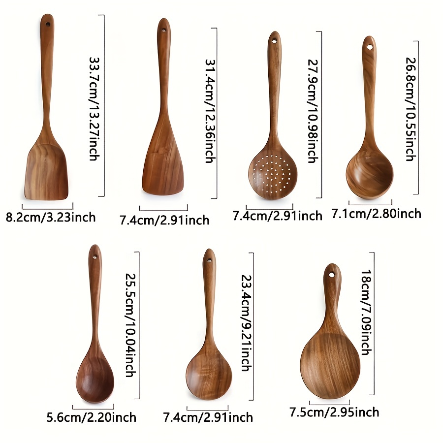 9 cucharas de madera para utensilios de cocina, cucharas de cocina de  madera de teca natural con espátula antiadherente, utensilios de cocina de  bambú