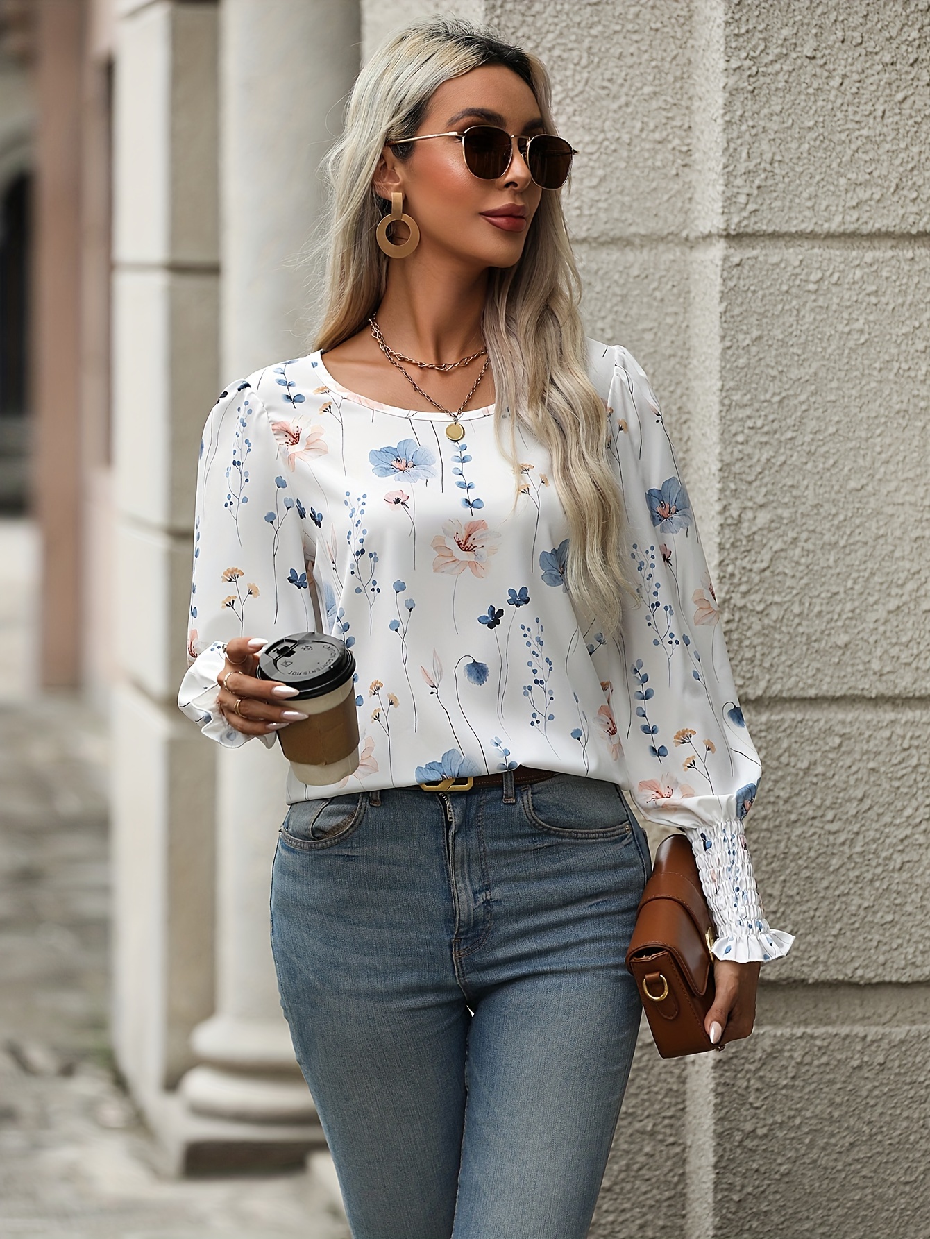 Camisas elegantes com estampa floral blusas casuais de manga - Temu Portugal