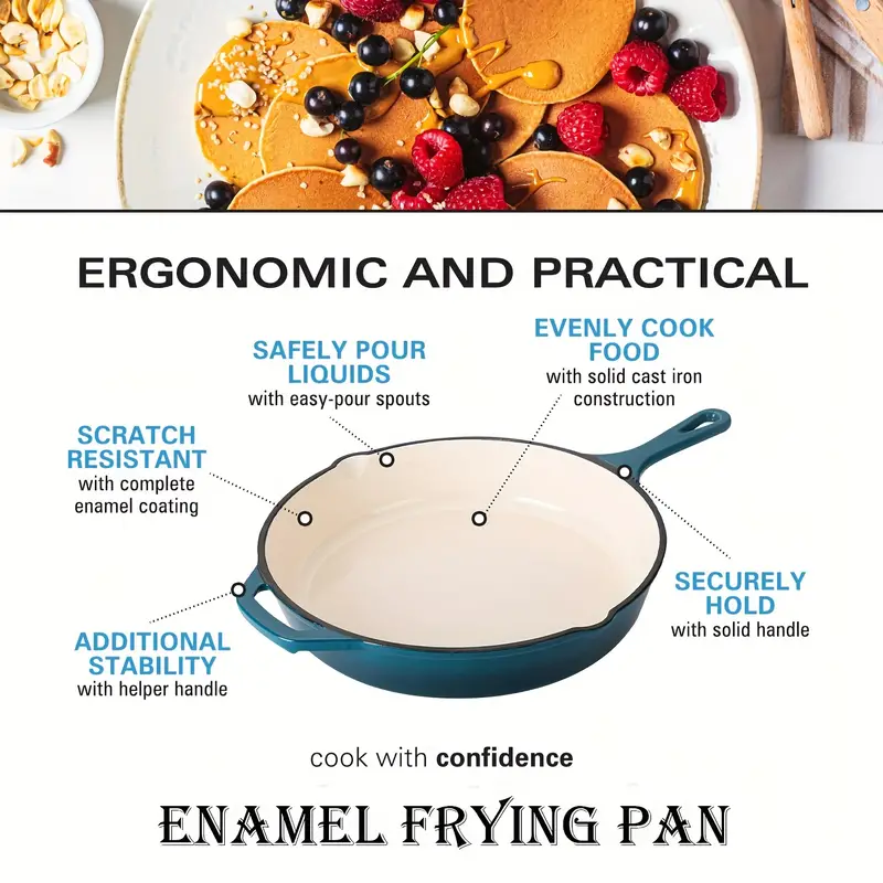 1pc Cast Iron Fry Pan With Pour Spout, Round Fry Pan - Cast Iron Cookware,  Slow Cooker, Kitchen Essentials / Enameled Cast Iron Fry Pan 10 Inch Enamel