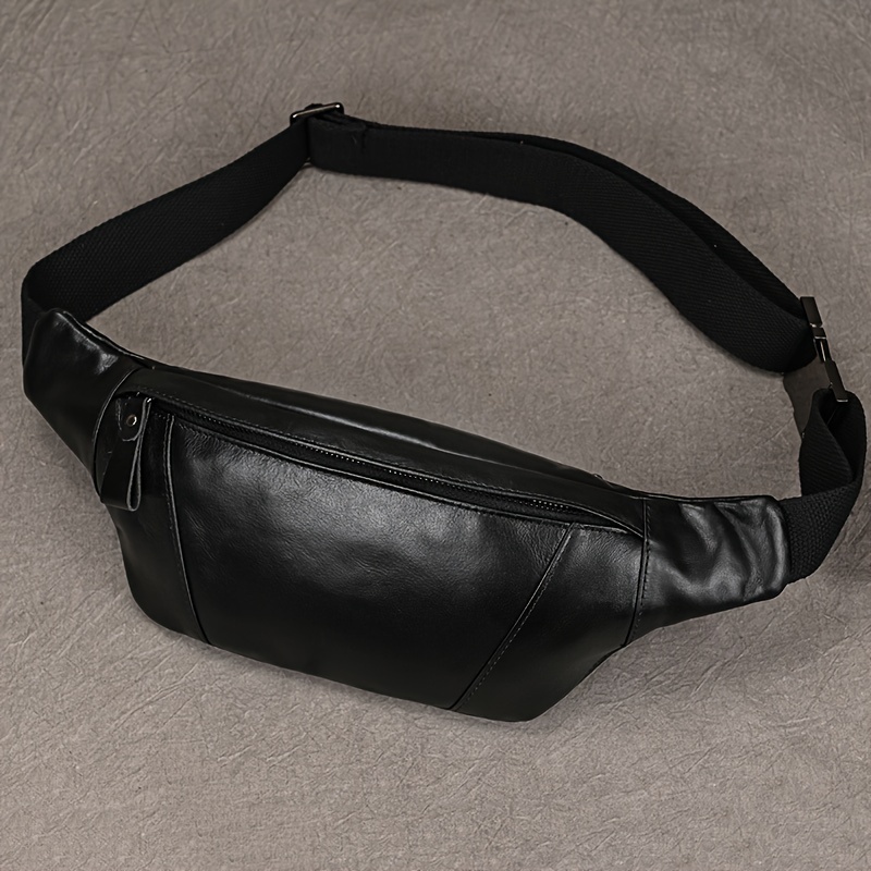 Black Fanny Pack For Men Genuine Cowhide Leather Waist Bag Metal