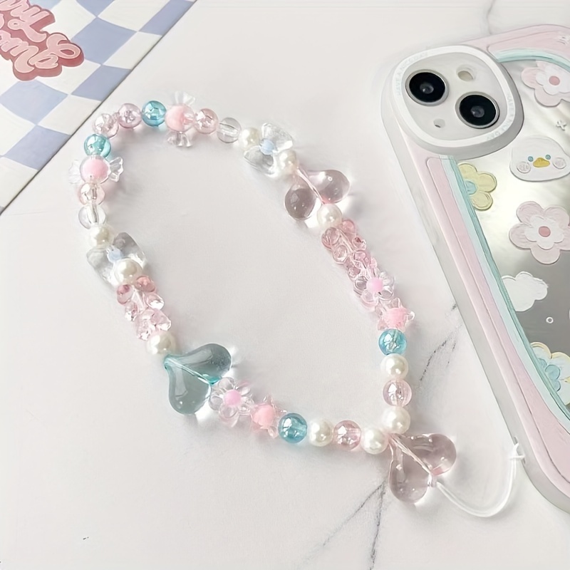 Cute Girl Style Phone Chain Sweet Beaded Phone Strap Love - Temu