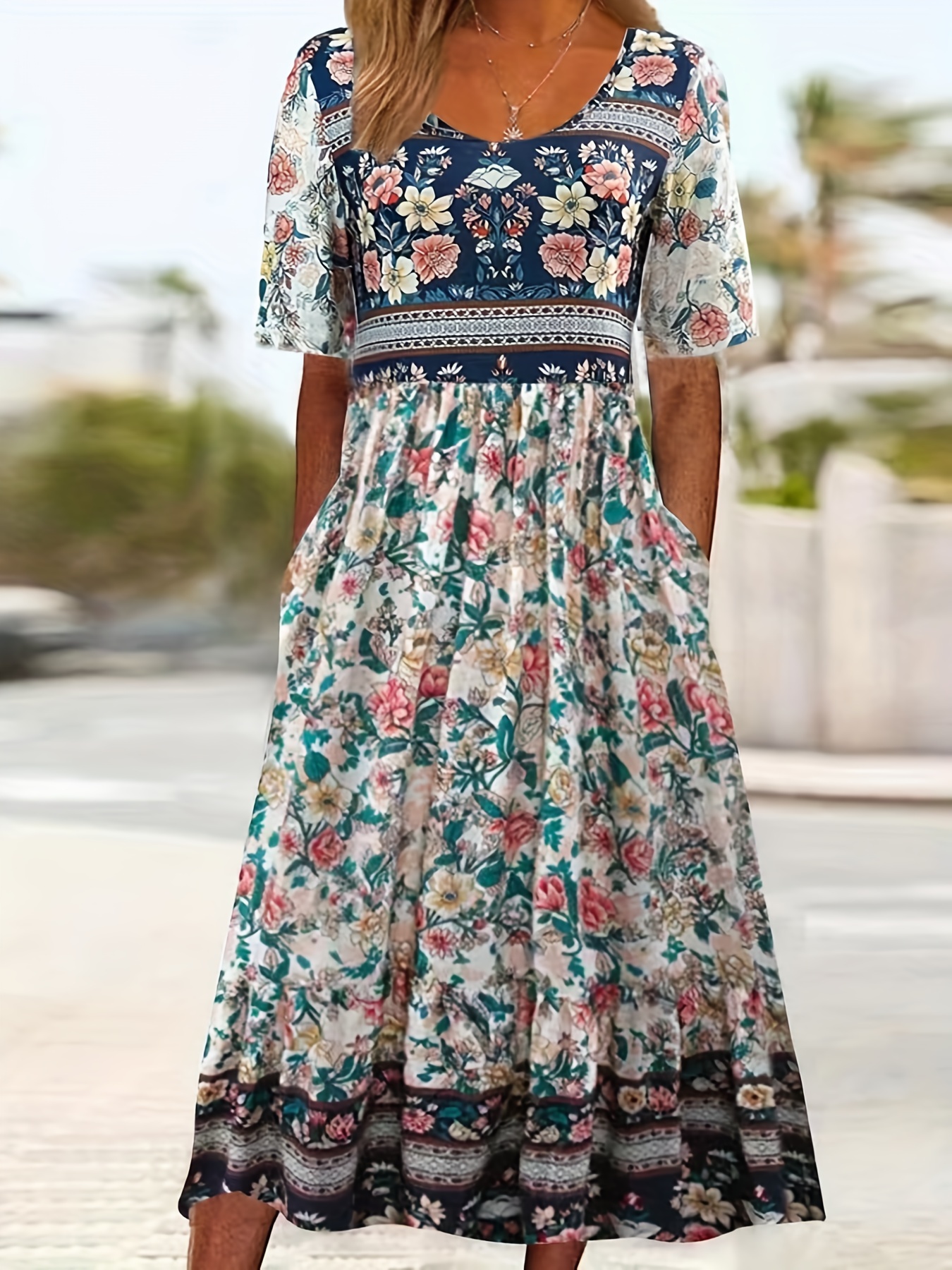 Plus Size Boho Dress, Women's Plus Tropical Print Off Shoulder Ruffle Trim  Belted Maxi Summer Dress