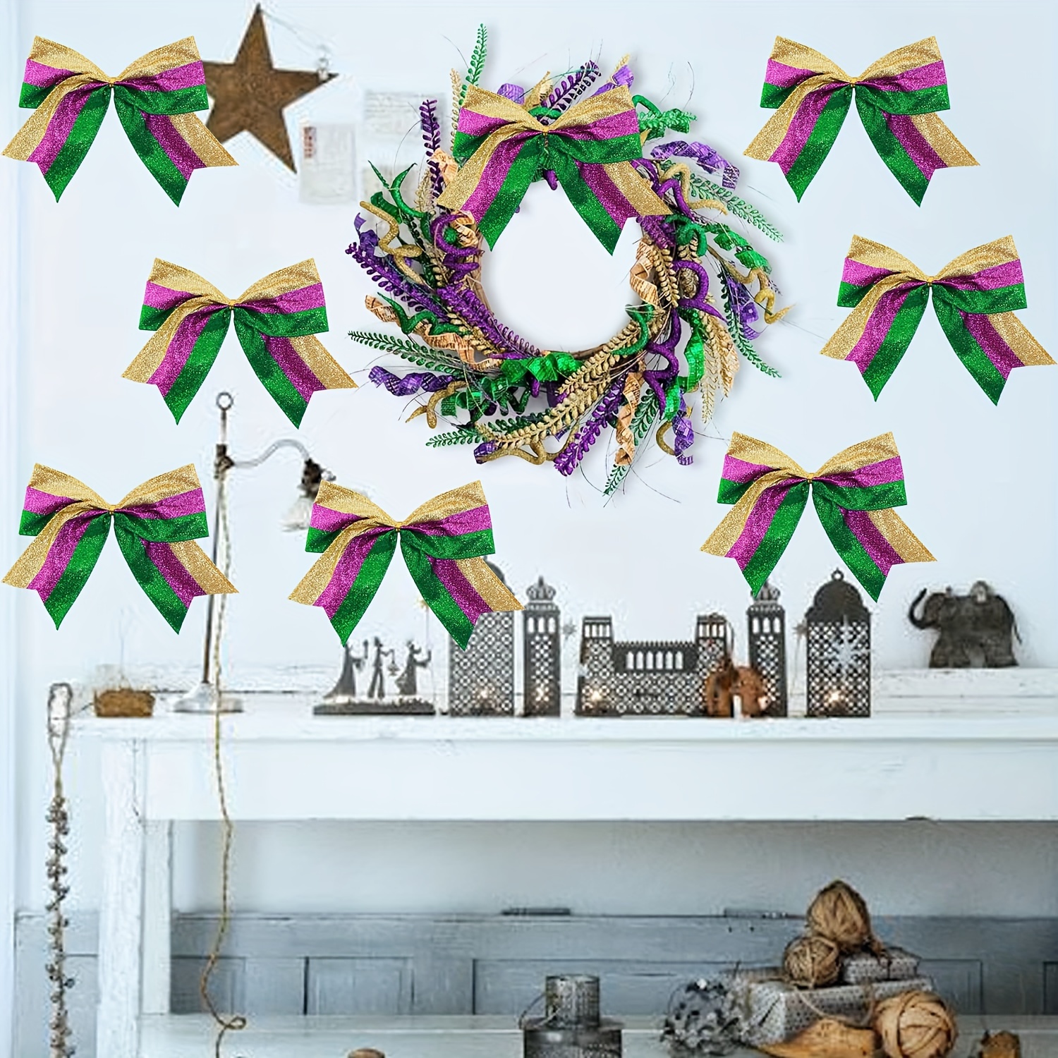 Mardi Gras Wreath Bows Purple Green Spots Glitter - Temu