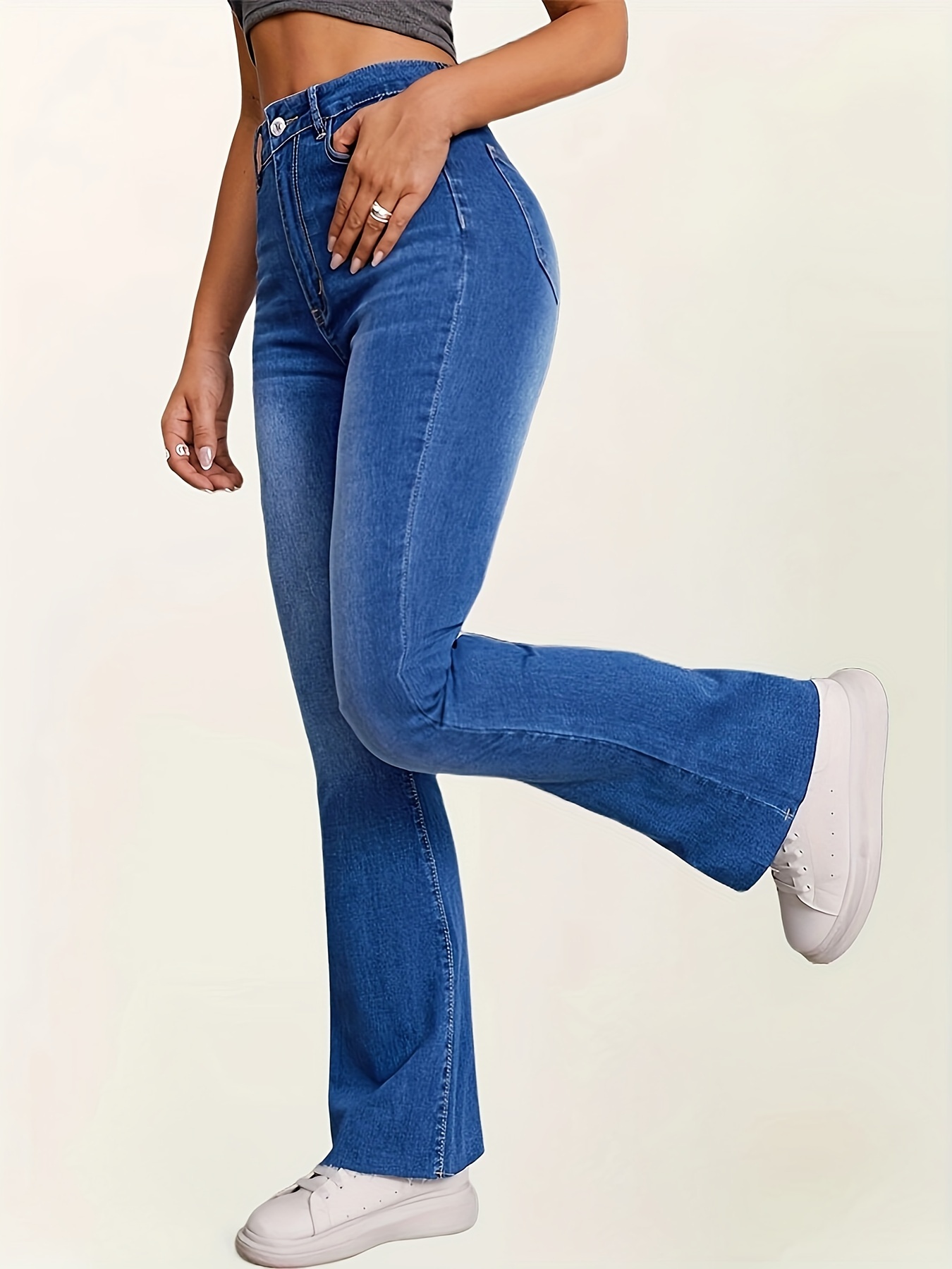 Blue V Cut Flare Jeans, Mid-Stretch Slim Fit Washed Bell Bottom Jeans,  Women's Denim Jeans & Clothing