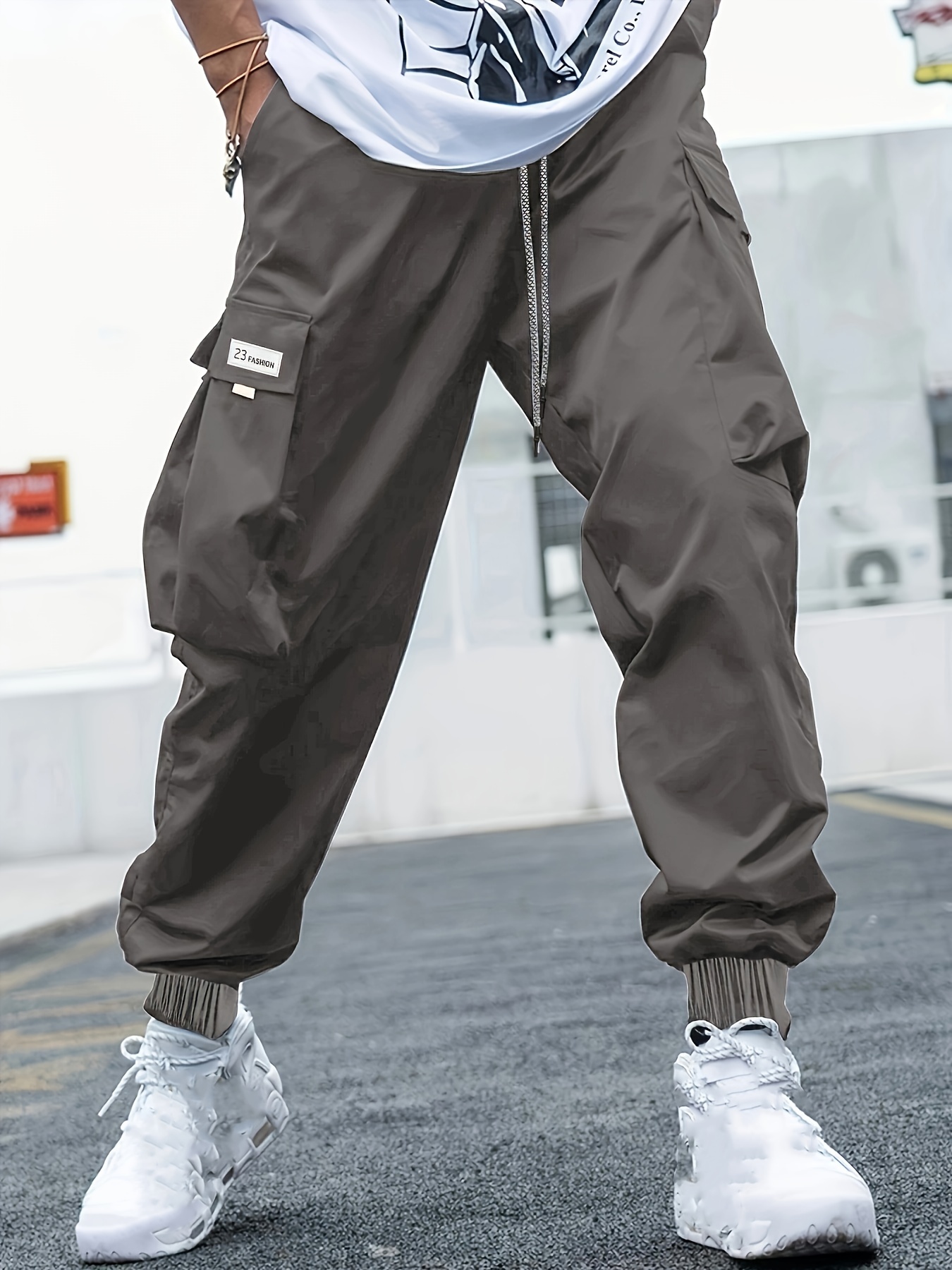 Men's Elastic Waist Cargo Pants with Multi-Pockets Plus Size Solid