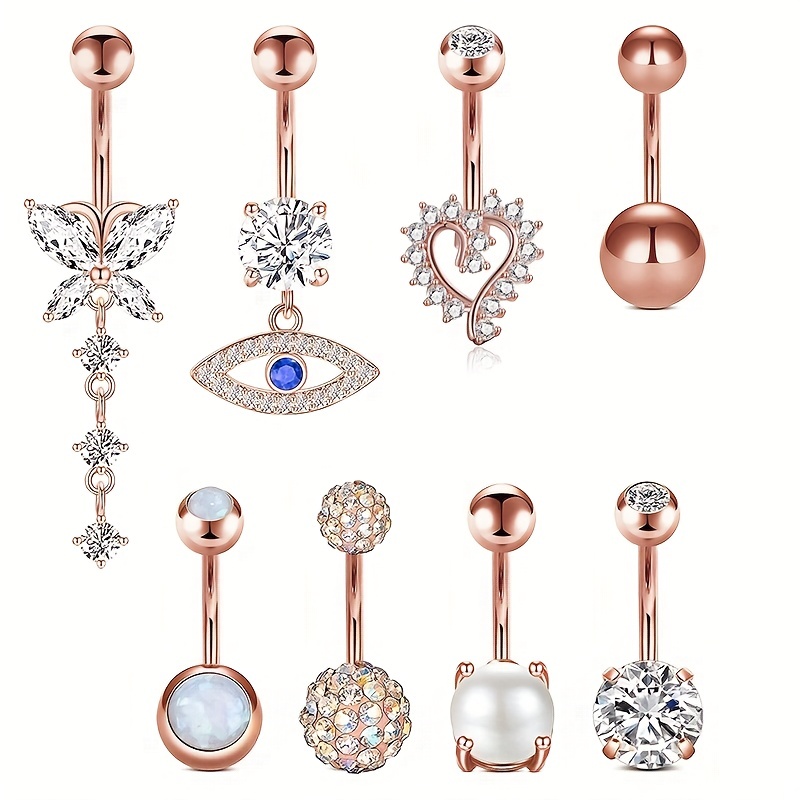 8pc Rose Golden Love Heart Devil's Eye Belly Button Ring Set