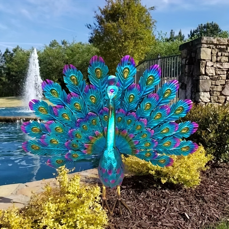 Two Pair Peacock Statue Metal Bird Yard Art Outdoor Sculpture Patio Lawn  Decor