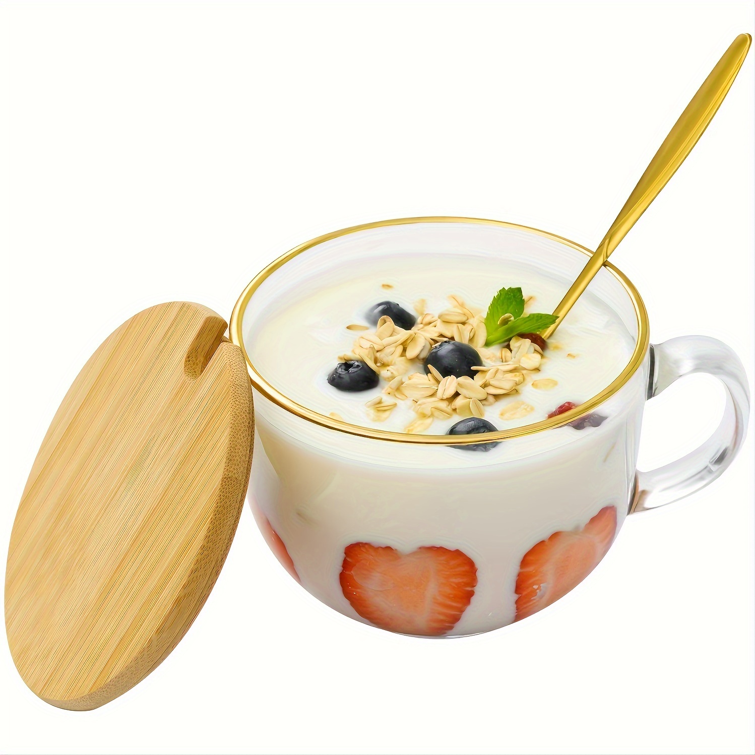 1pc Breakfast Glass Cup With Spoon And Lid