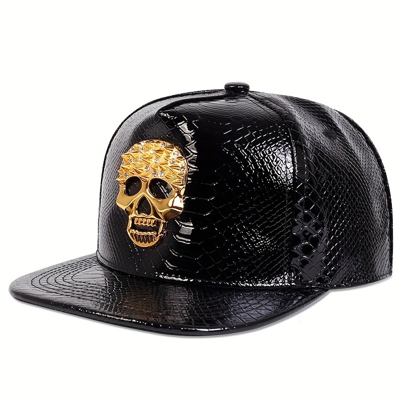 

Skull Head Y2k Baseball Bright Pu Leather Adjustable Snapback Hats Hip Hop Unisex Goth Dad Hat For Women Men