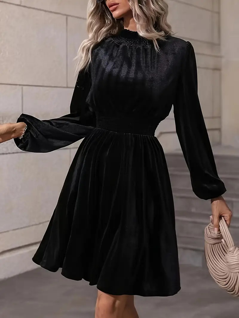 Solid Shirred Knee Length Dress, Elegant Long Sleeve Mock Neck Velvet Dress, Women's Clothing Solid Shirred Knee Length Dress, Elegant Long Sleeve Mock Neck Velvet Dress, Women's Clothing