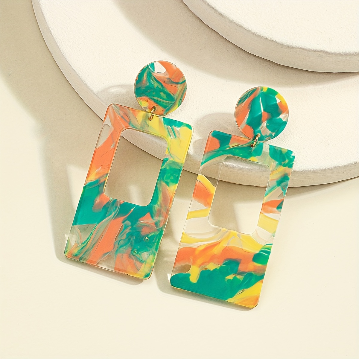

Hollow Rectangle Shape Colorful Graffiti Pattern Dangle Earrings Simple Elegant Style Acrylic Jewelry Holiday Earrings