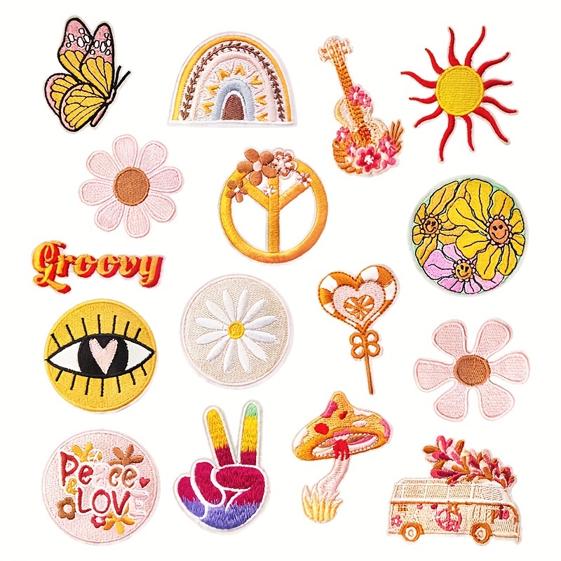 

16pcs Sunshine Flowers Theme Iron On Patches, Sew On Embroidered Applique Repair Patch, Diy Crafts Projects For Clothing Jacket Pants Dress Backpack Hat, Decorations Gifts