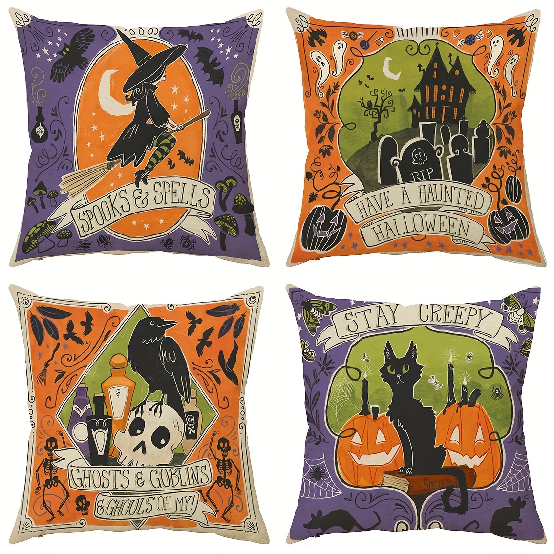 Halloween Pillow Covers 18x18 Set of 4, Vintage Halloween Throw