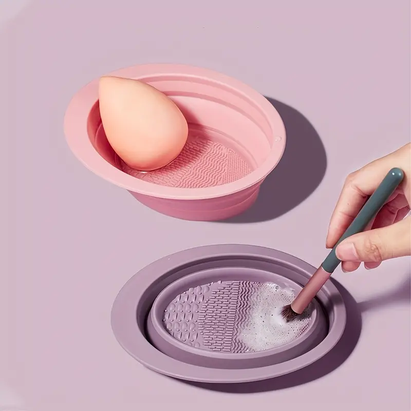 Multicolor Silicone Folding Makeup Brush Scrub Bowl, Powder Puff