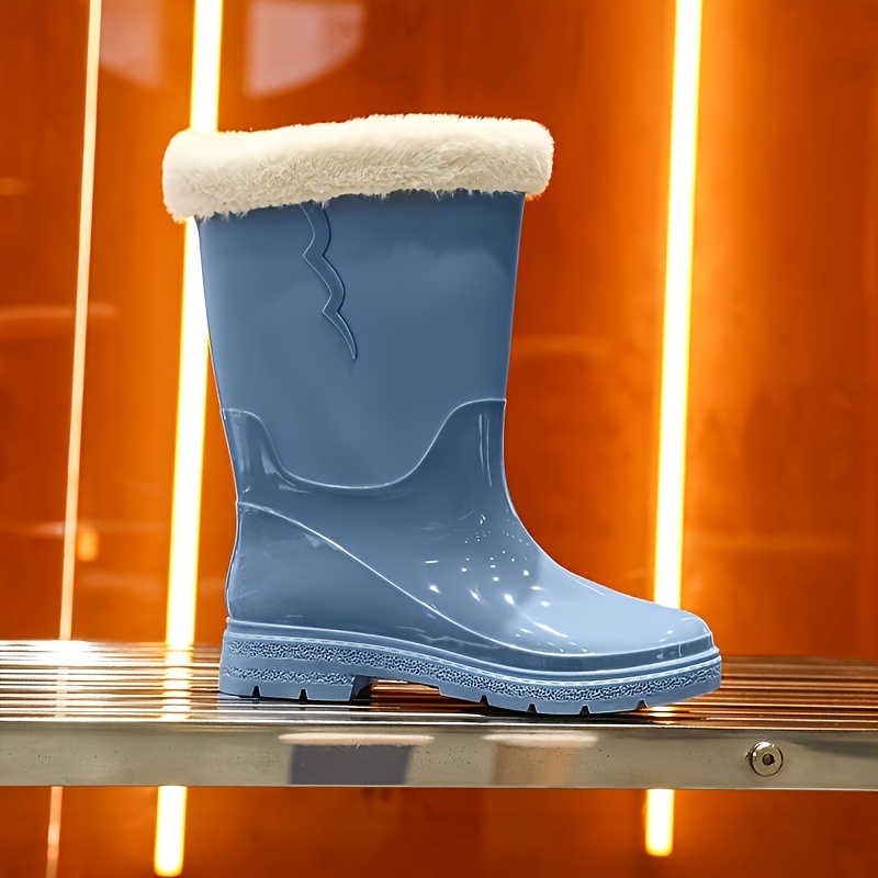 Women's Fleece Lined Rain Boots Waterproof Mid Calf Rubber Shoes