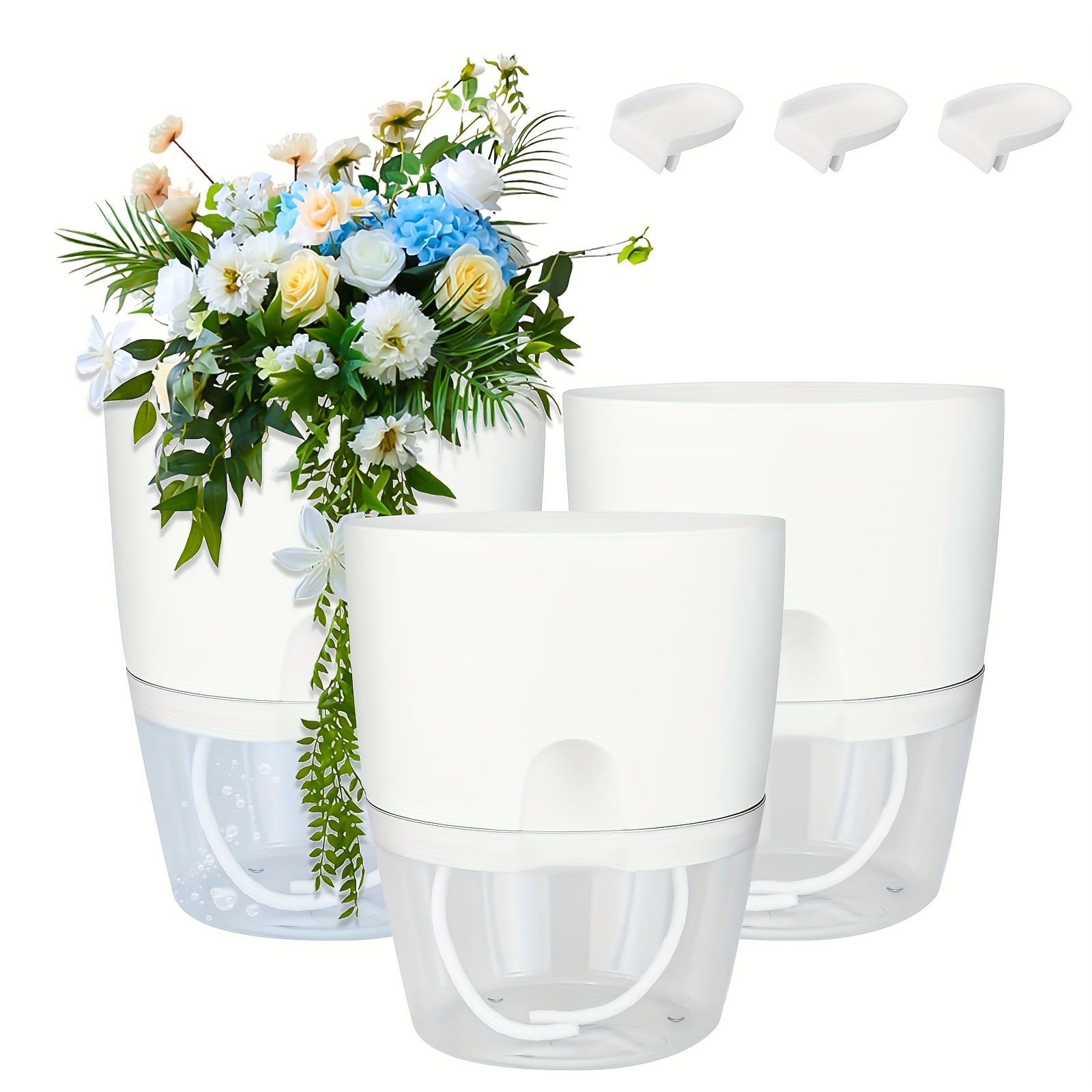 

3pcs, Automatic Watering Planter, 15.3cm Indoor Plastic Flower Pot With Cotton Rope And 3 Water Flakes, Modern Decorative Plastic Flower Pot Large Water Storage (white)