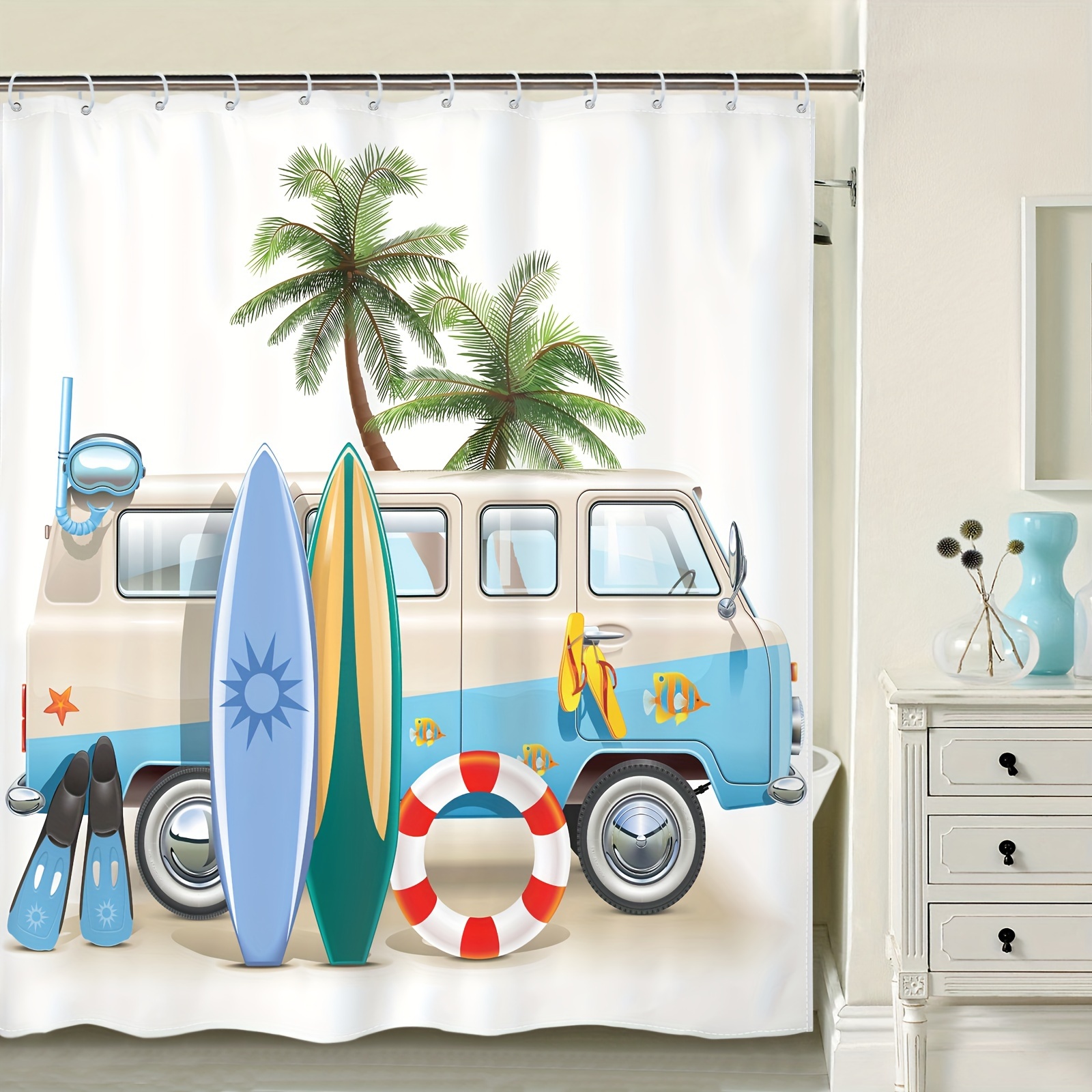 Beach Coast Truck Shower Curtain *72h Inch Cartoon Surf Rv - Temu