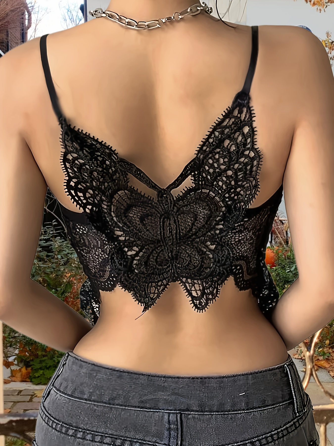 Butterfly Pattern Lace Cami Top, Spaghetti Strap Top For Summer, Women's  Clothing