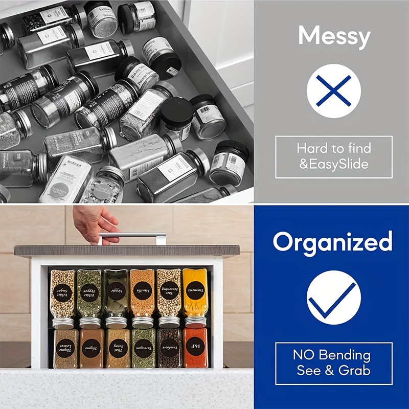 Talented Kitchen Spice Drawer Organizer with Jars and Labels with 18 Empty 4-oz Bottles, 416 Seasoning Labels, 2 Pcs 3-Tier Drawer Trays, 5.9 x 15 in