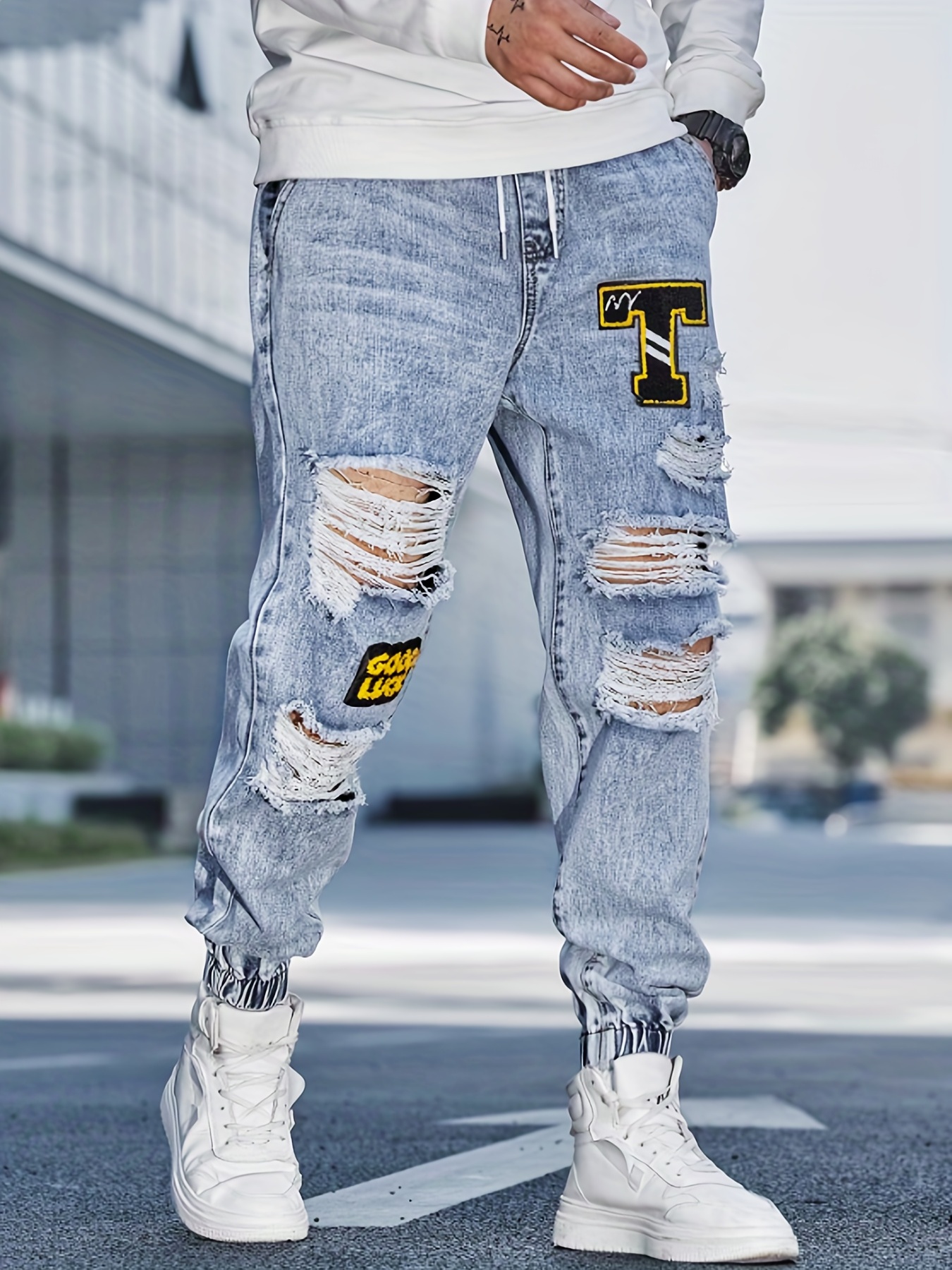 White Ripped Design Slim Fit Jeans, Men's Casual Street Style Mid Stretch  Denim Pants For Spring Summer