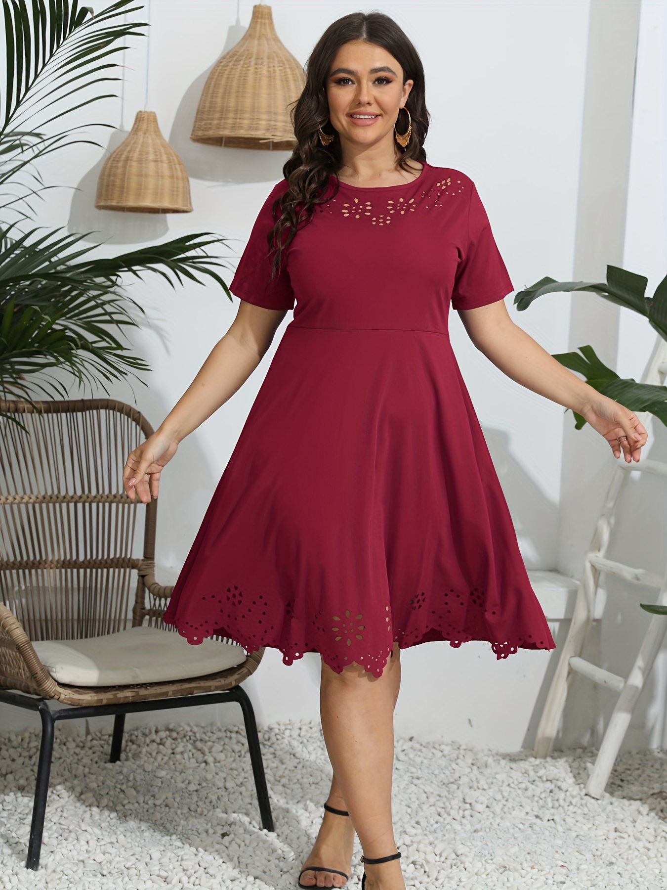 plus size casual dress womens plus solid laser cut out short sleeve round neck   stretch floral trim dress