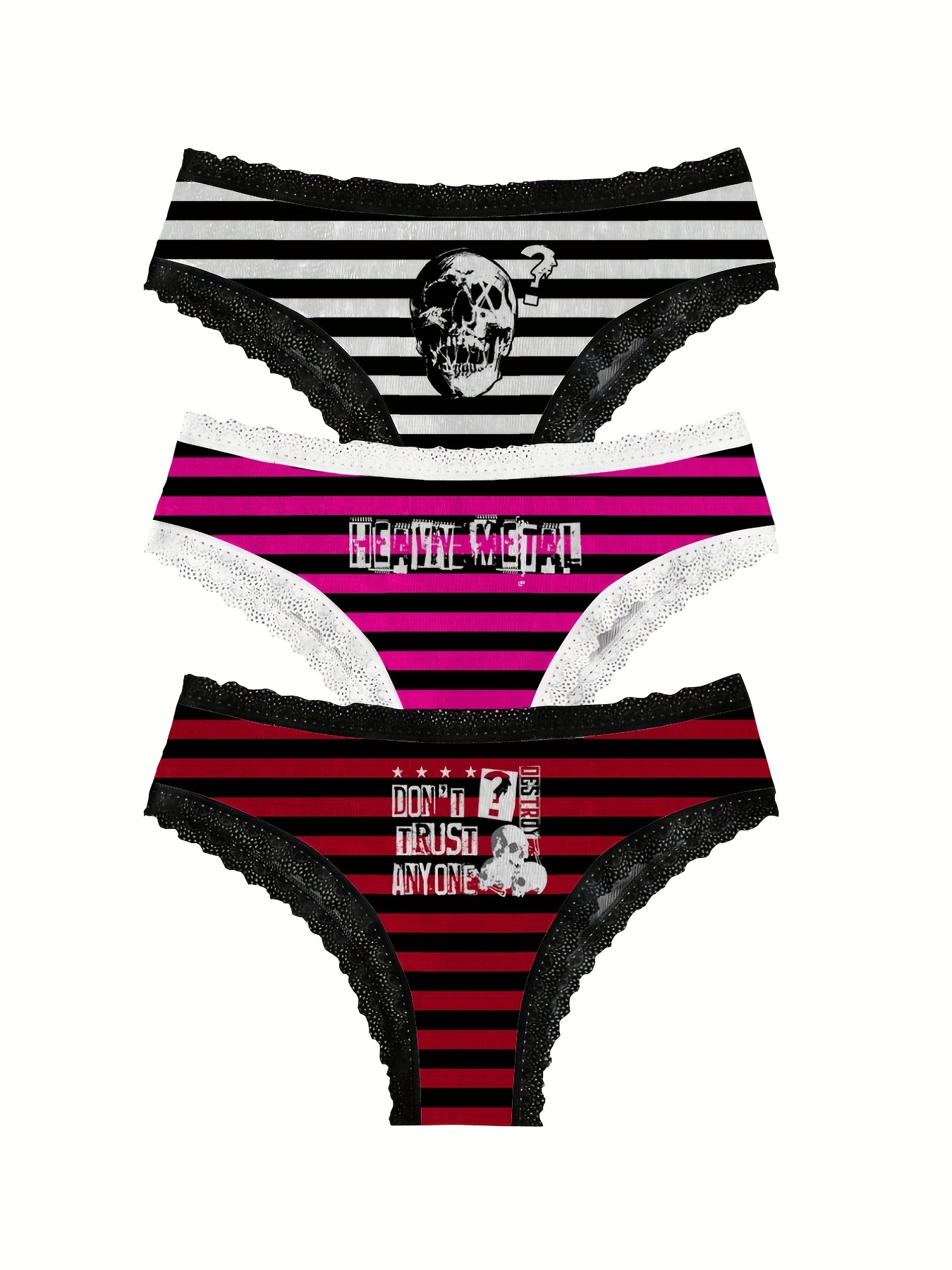 Skeleton Print Contrast Lace Striped Panties Women's Novelty - Temu
