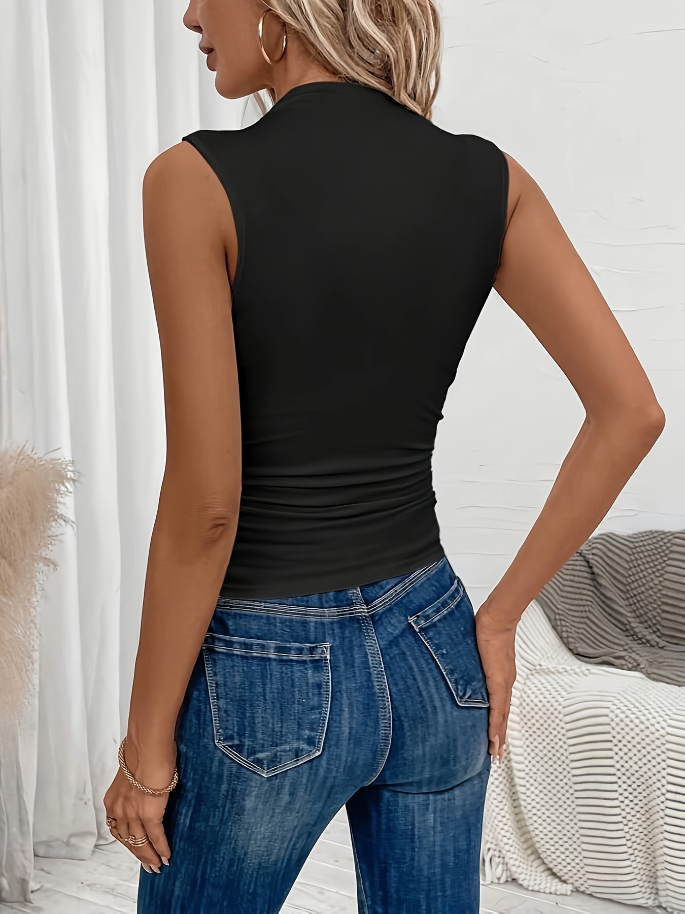 Women'S Elegant Sleeveless Vest - Vibrant Red with Ribbed Cuffs & Waist Detail, Stretchy Polyester Blend for Spring/Summer, Machine Washable, Casual Chic Style