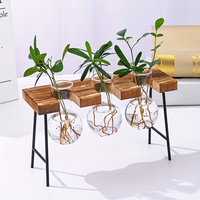 Glass Wood Vase Planter Terrarium Table Desktop Hydroponics Plant