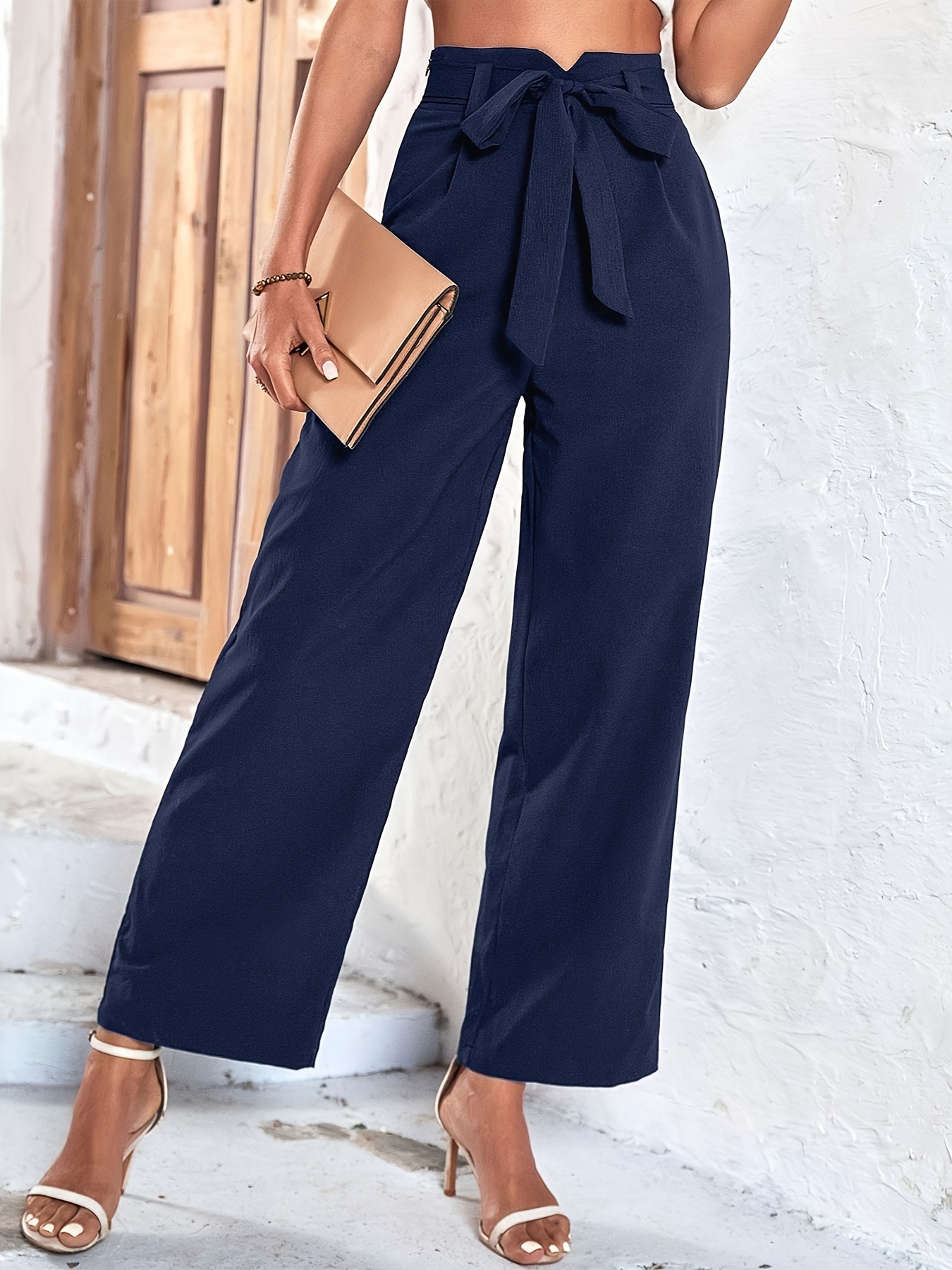 Pantalones anchos/Pantalones fluidos de cintura alta/Pantalones largos  elegantes/Pantalones formales azules de Caramella Fashion -  España