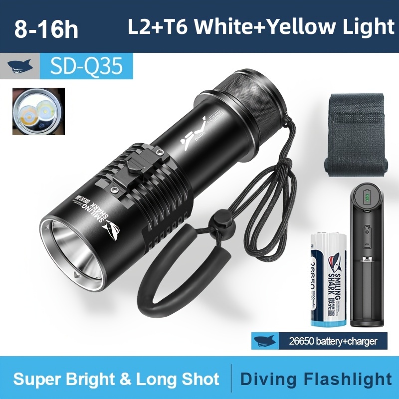 Luz de buceo súper brillante, linterna de buceo subacuática impermeable,  linterna de buceo nocturno con batería recargable y cargador